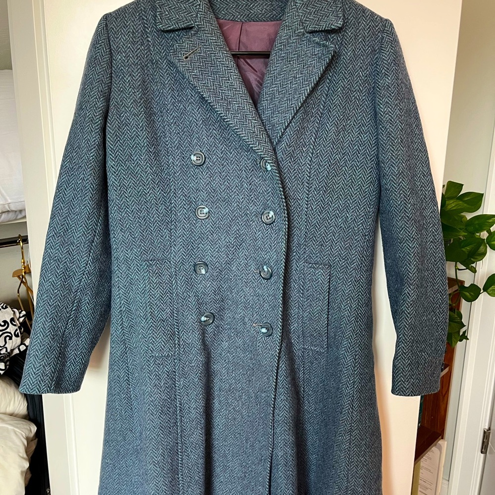 Vintage blue wool herringbone double-breasted coat